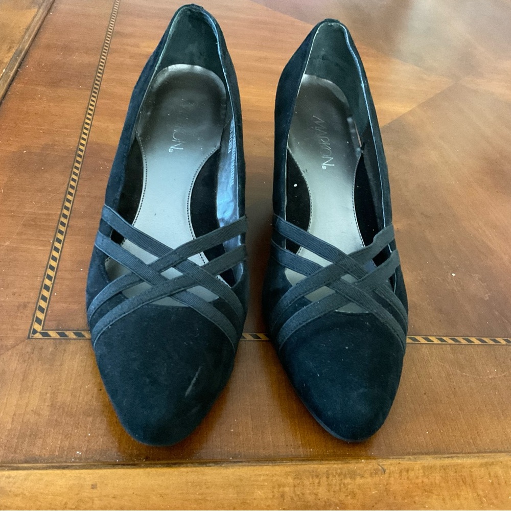 Women’s Black Suede Wedge Pumps with Crisscross Straps